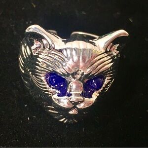 Silver Tone Cat Kitten Ring Cute Animal Lovers Jewelry Gift for Women Blue Eyes